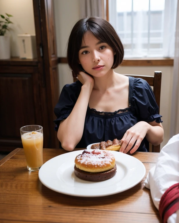 there  a woman sitting at a table with a plate of food, a screenshot inspired by Lucette Barker, tumblr, renaissance, !!posing_as_last_supper, she has olive brown skin, elegant pose, at a dinner table, she has a distant expression, doing an elegant pose, sitting on a mocha-colored table, eating cakes