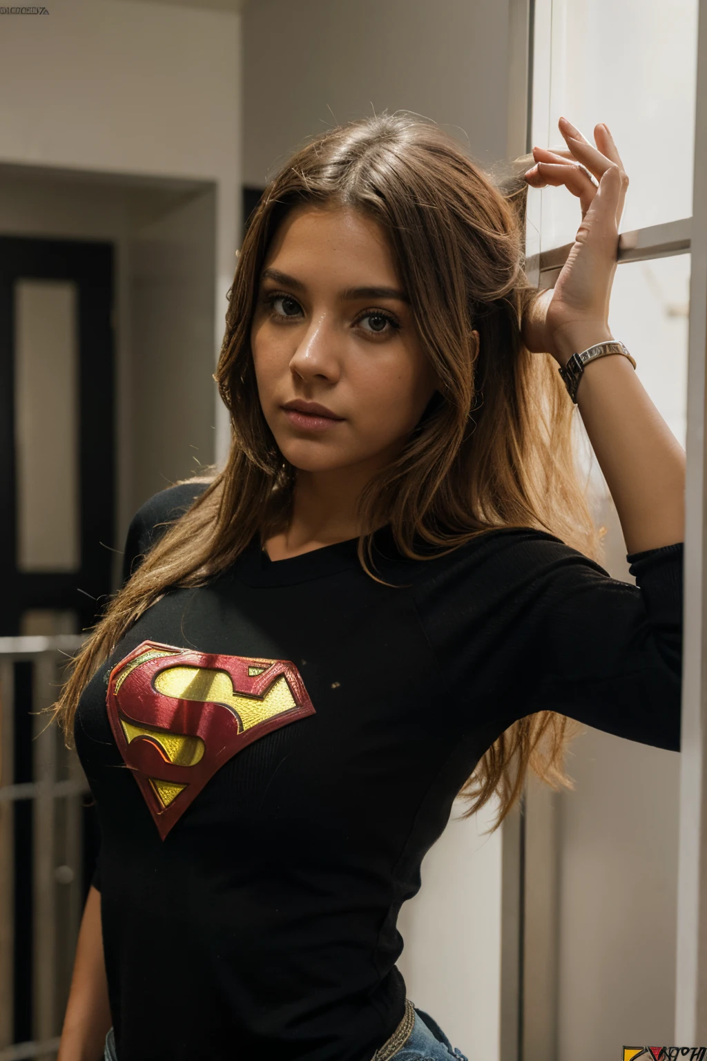 super heroe mujer con ropas negras y cabellera rubia larga parada en posicion 3/4 mirando hacia el frente