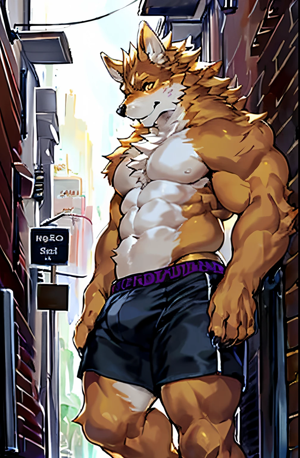 copperrtf, obra maestra, mejor calidad, absurda res, por kiyosan, por null-ghost, furry, perro, hombre, musculoso, solo, boxer y protuberancia en la entre pierna pupilas negras, ojos negros, cejas gruesas, piel naranja, brown fur, semi nude detailed muscle (cicatriz en el ojo: 0.9), mirando al espectador, pelaje detallado, esponjoso, cola, fondo detallado, street alley,