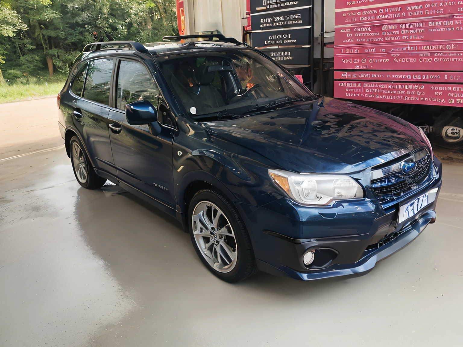 subaru 555, blue color, forest,