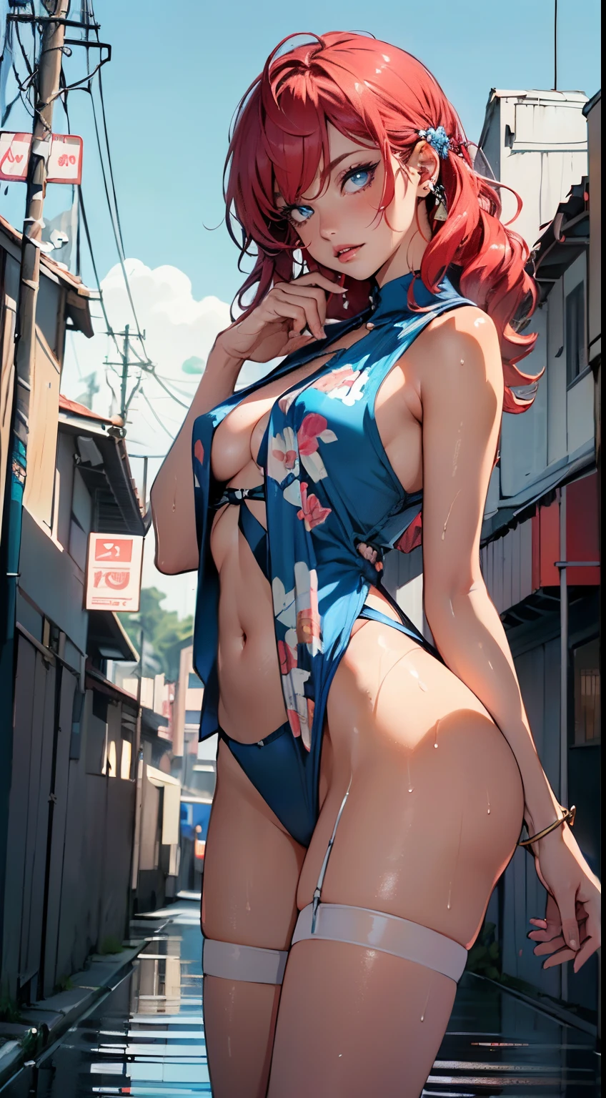 girl youtuber,(((1girl))),((extremely cute and beautiful)) ((red haired girl)),((satin clothing))
(short breasts:1.4),big butt,(((red hair:1.35,very hair,colored inner hair,ear breathing)),((soon hair))),(((blue_eyes:1.3))),intricate eyes,beautiful detailed eyes,symmetrical eyes,big eyes:1.3,((fat)),(((lustrous skin:1.5,bright skin: 1.5,skin tanned,shiny skin,very shiny skin,shiny body,plastic glitter skin,exaggerated shiny skin,illuminated skin,wet legs))),detailed body,(detailed face),
cute,slutty,seductive,erotic,(((nsfw))),
zettai ryouiki,revealing clothing,show skin,((rave minkirt,visible thong straps,white loose tank top with an anime art print)),((wet clothes,intricate outfit,intricate clothes)),
(dynamic pose:1.0),embarrassed,(centered,scale to fit dimensions,Rule of thirds),
cyberpunk city by the ocean at night, with bright neon signs and dark stormy clouds and puddles, scenery:1.25,
artistic photography,(photography taken by sldr),highres, sharp focus, (ultra detailed, extremely detailed), (photorealistic artwork:1.37),(extremely detailed CG unity 8k wallpaper),((synthwave background theme)),(((vibrant colors))),(intricate background),(masterpiece),(best quality),