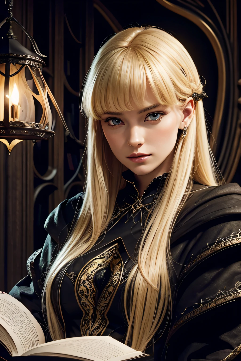 Gros plan : Hyperréaliste : Une très belle princesse blonde en chemise de nuit hypnotisée dans une salle de lecture par un hideux monstre noir à griffes tentaculaires