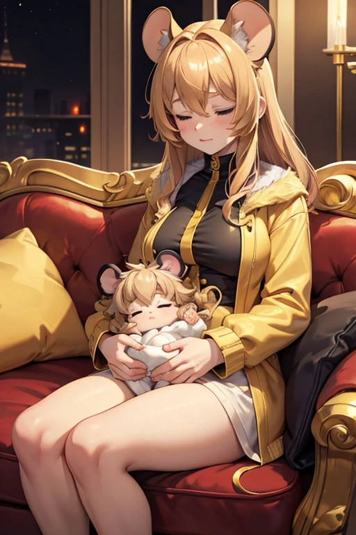 Mouse girl, Gold hair, gold fur, golden girl, mouse ears, pure gold mouse sleeps in a brown-haired man's lap, highest quality, high res, masterpiece, mature man