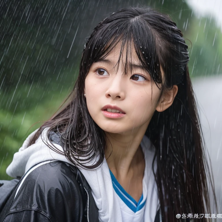 An ultra-high picture quality、Perfect Photo、japanes、Japanese female model、 student、a beauty girl、indoor white background、Narrow-eyed、large mouth、the wind、only face、Wet hair、Wet face、student clothes、worry、looking downwards、Getting wet in the rain、sodden、get angry、dislike、Drenched hair、rainy day、dark sky、Bunching your hair back、Bathing in the rain、Pouring rain、