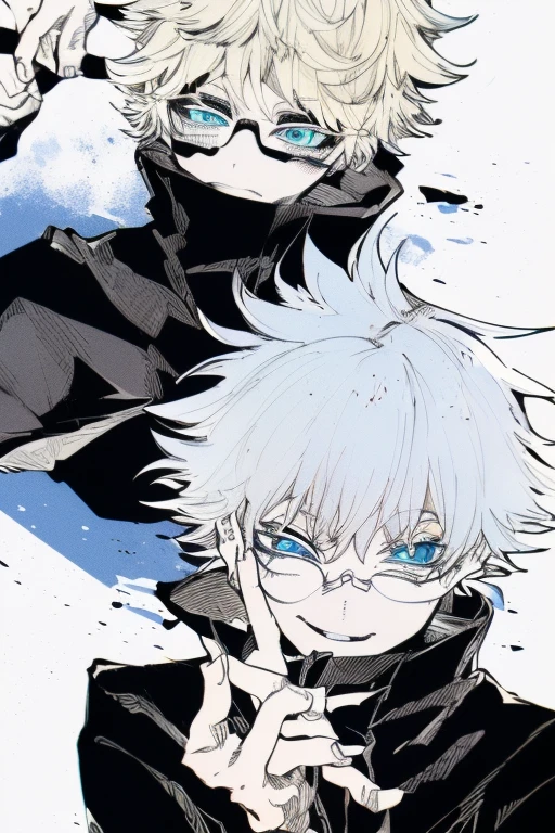 ((high detail、Cinematic blonde hair、Aquamarine Eyes、white eyelashes、God Light、Ray Tracing、shading、optical 、Upper torso、looking at the camera、Masterpiece、((super detaill、Best Quality、8K))、jujutsu kaisen、Gojo Gojo、black clothing、Get Started、Perfect Black Background、serene look、eyeglasses,