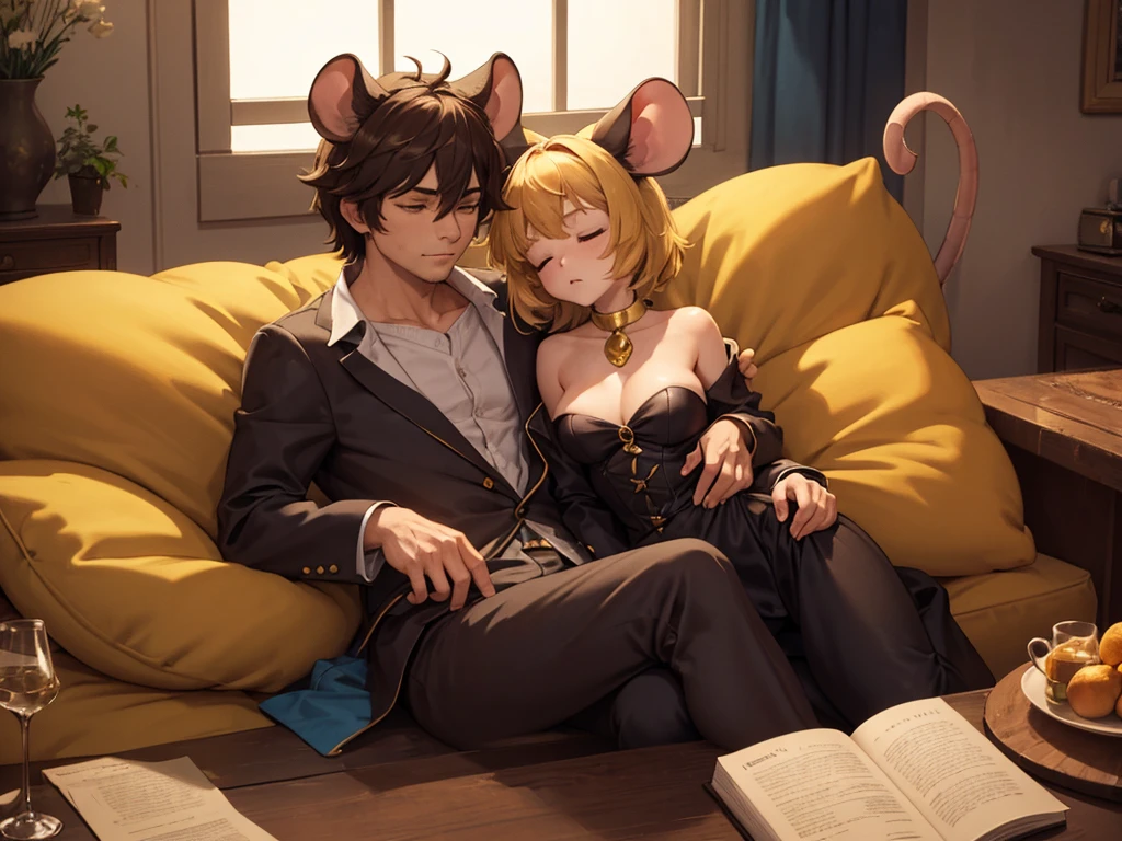 Mouse girl, Gold hair, gold fur, golden girl, mouse ears, pure gold mouse sleeps in a brown-haired man's lap, highest quality, high res, masterpiece, mature man