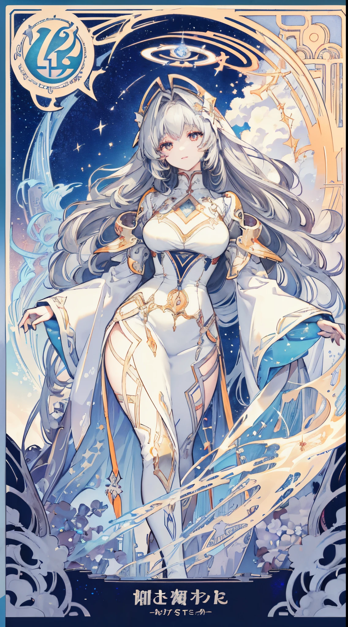 (thick thighs), (Curvy), Sexy, (Gray Hair), (Orange Eyes,) (Glowing Eyes,) 1 girl, Pale Skin, (Two-Tone Eyes), Eyelashes, Smile, Gleaming Skin, Shiny Hair, Long Hair, looking at you, anime, beautiful anime eyes, beautiful detailed eyes, eyes, glittering eyes, (Neon),(White Fencing Outfit, Detailed Outfit), Angelic, Halo, Flowers, (Galaxy, cloud, Starry, stars,colorful), (Sleepy Eye), Decorative panels， abstract artistic， Alphonse Mucha （masterpiece， best quality， A detailed， Complicated details， 4K， Color splattering， Line art， Fibonacci， （tarot cards），Cards, Slim card border