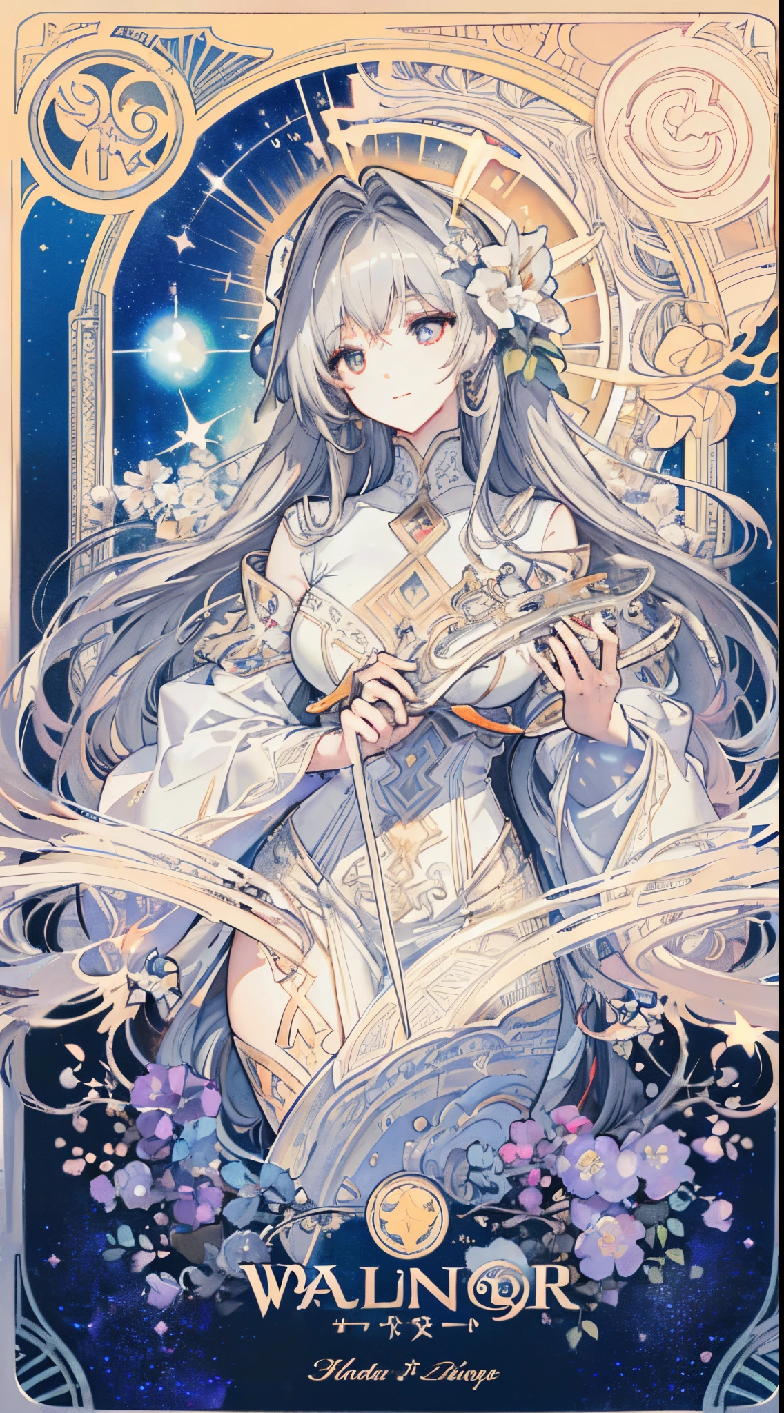 (thick thighs), (Curvy), Sexy, (Gray Hair), (Orange Eyes,) (Glowing Eyes,) 1 girl, Pale Skin, (Two-Tone Eyes), Eyelashes, Smile, Gleaming Skin, Shiny Hair, Long Hair, looking at you, anime, beautiful anime eyes, beautiful detailed eyes, eyes, glittering eyes, (Neon),(White Fencing Outfit, Detailed Outfit), Angelic, Halo, Flowers, (Galaxy, cloud, Starry, stars,colorful), (Sleepy Eye), Decorative panels， abstract artistic， Alphonse Mucha （masterpiece， best quality， A detailed， Complicated details， 4K， Color splattering， Line art， Fibonacci， （tarot cards），Cards, Slim card border
