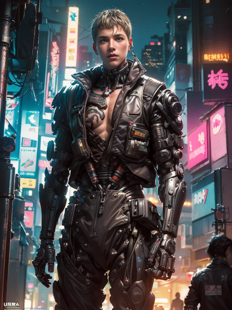 ((Stunning Anime illustration)), ((beautiful cybernetic Cyberpunk girl)), ((highly detailed face)), ((mechanical limb, mechanical vertebrae)), ((mechanical cervical attaching to neck)), (wires and cables attaching to neck:1.2), ((mass of wires and cables on head)), ((wearing colorful Harajuku tech jacket with logo)), ((dynamic pose)), (cowboy shot), (masterpiece), (((best quality))), ((ultra-detailed)), (highly detailed illustration), cinematic lighting, science fiction, extremely detailed,colorful,highest detail, (((cyberpunk city background, (Blade Runner), Harajuku district))), NSFW