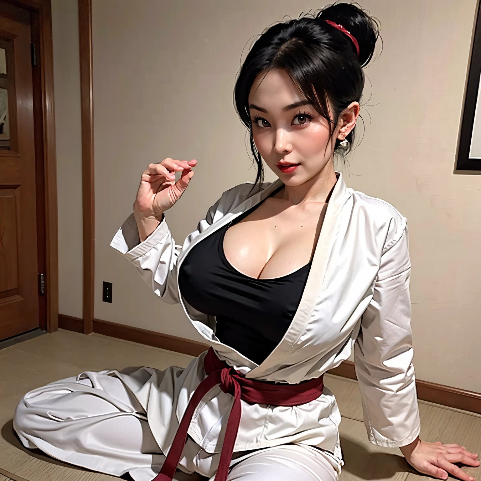 (masterpiece:1.1, Best Quality:1.1, 32K HDR, High resolution), (1girl in, Solo), Ultra-realistic portrait of Chi-Chi, (older chichi, dragonball z, Mature chichi, Mature chichi), Black hair, updo hair, Dango Hair, Red Hair Band, (Realistic white karate uniform, Karate Belt, Black belt), earrings, gigantic cleavage, Colossal tits, Huge boobs, huge-breasted, (Fighting Pose, Karate Dojo, Perfect slim body:1.1), hyper detailed face, Detailed eyes, Realistic skin texture, Detailed explanation of the skin, (down blouse & Nip slip, Nipples exposed from karate uniform), (full body shot, whole Dojo view),