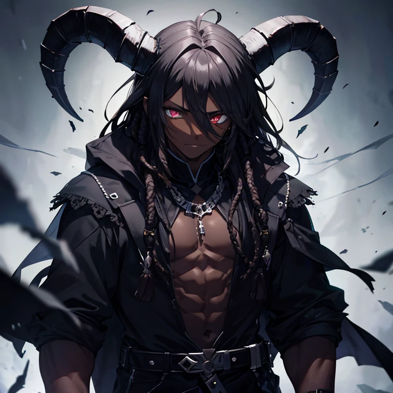 Dark skinned man will black dreadlocks, broun eyes, scare on eye, horns, slighy muscular, dark cloths