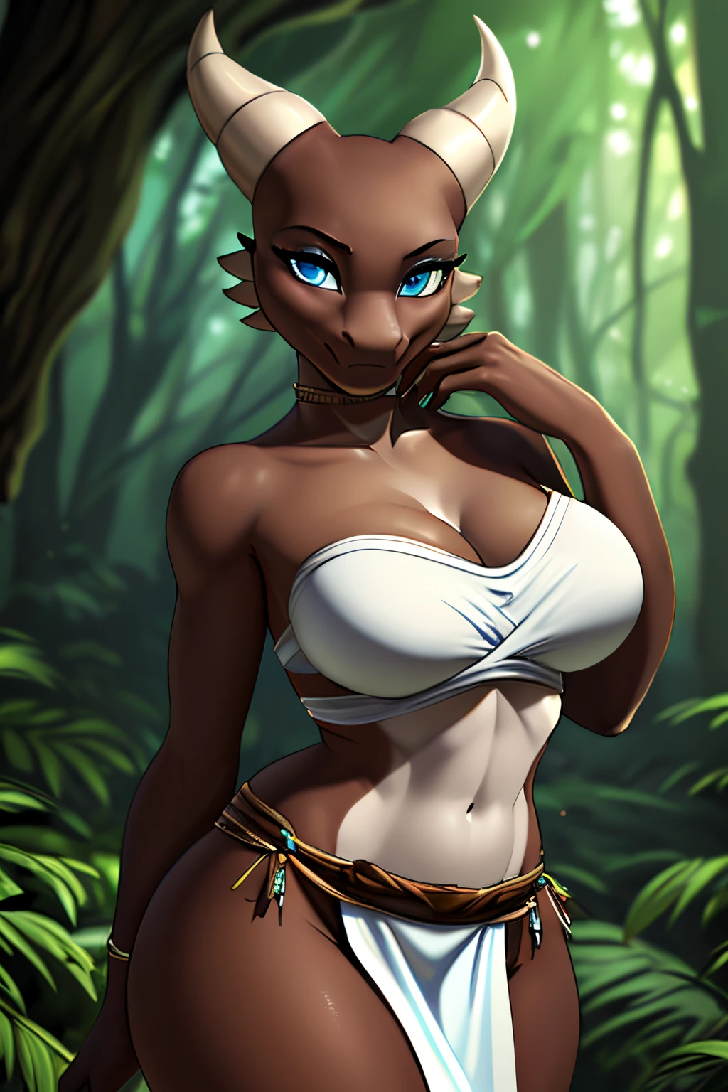 ((ultra quality)), ((tmasterpiece)), female kobold, furry reptile, (cuteface), Charming, ((sexy facial expression)), looks at the camera with interest, eyes are slightly closed, ((Skin color: white)), Body glare, ((detailed beautiful female eyes)), ((light blue eyes)), (juicy female lips), (beautiful female hands), ((perfect female figure)), perfect female body, Beautiful waist, black claws, gorgeous big thighs, beautiful breasts, ((Subtle and beautiful)), seductively worth it (closeup face), (wearing a dark brown loincloth, dark brown top), background: dense green forest, night time, ((Depth of field)), ((high quality clear image)), (crisp details), ((higly detailed)), Realistic, Professional Photo Session, ((Clear Focus))