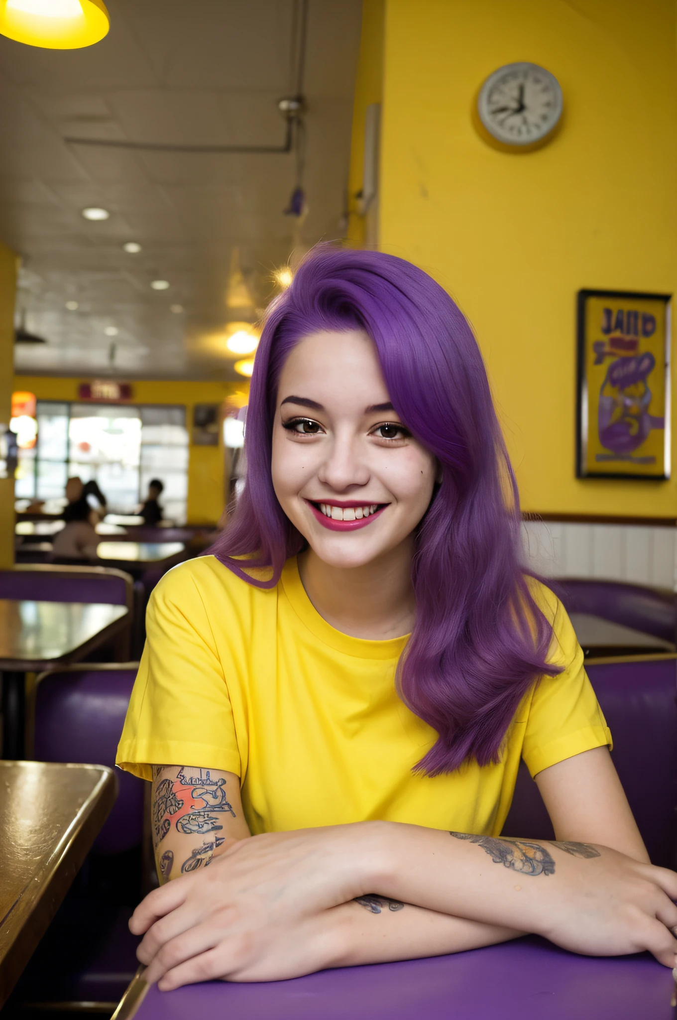 street photography of a young woman dressed in yellow+purple hair, They are smiling, feliz, linda camisa, escote1:5, tatuajes en sus brazos, Sitting in a 50's restaurant, oscuro, Focus, silueta