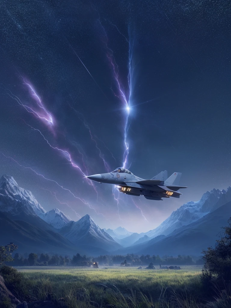 ((masterpiece、top-quality、realisitic、ultra-detailliert、hight resolution、Photorealsitic、foco nítido、lighting like a movie))、Raphale fighter、france air force fighte、Meadow covered with green grass in the background、flying above the deep blue sky、fighter jet in flight、Jet fighter、(dark blue sky on the background of mountains), lightnings up in the sky