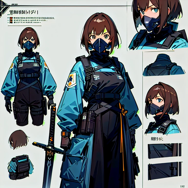 ((Masterpiece)), (Ultra Detailed), (Best Quality), Detailed background, (Arknights style), (Concept art, Character Sheet), ( The woman, ah high, muscled body, Dark brown hair, Short hair), (hazardous materials suit, tactical vest, Tactical Face Mask, blue glasses, respirator), (Reflective blue patch on chest), (Hand Sword, The Long Sword, Detailed sword), (realistic detailed equipment))