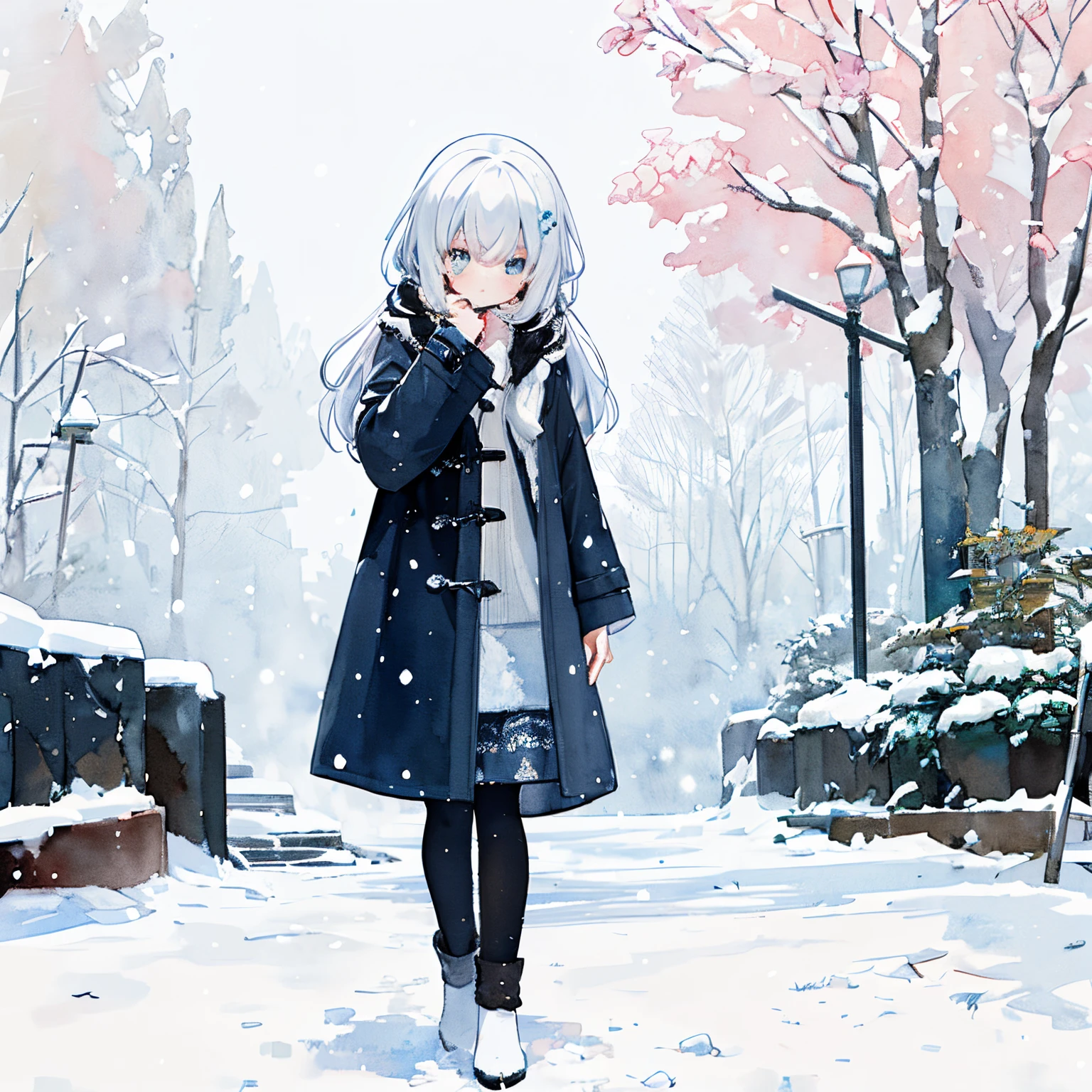 Transparent watercolor、girl with、Jewel Eyes,Beautiful arrangements and motifs、Originality、great depth of field,exhale white、kou、Warm your hands and put them on your hands、snowy day、warm clothes、knit、coat、full body Esbian、chilly day