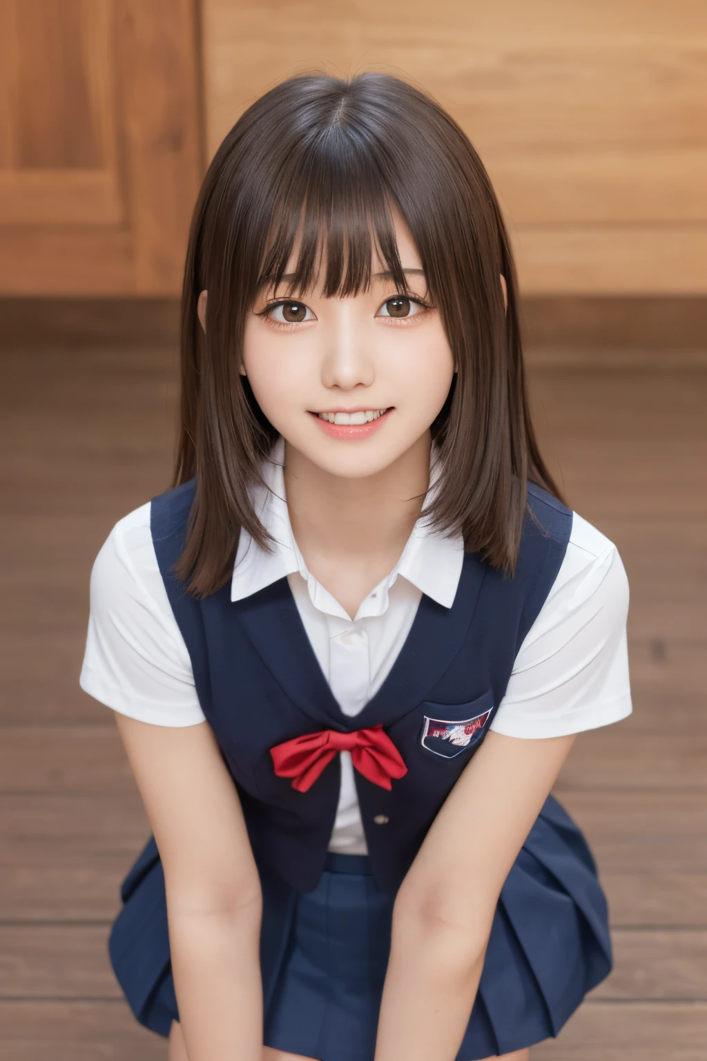 masutepiece, Best Quality, One girl, (Beautiful Girl:1.3), (16 years old:1.2), Very fine eye definition, (Symmetrical eyes:1.3), (NSFW), (Squat, School uniform, Put out naked, Cute skirt:1.3), Beautiful breasts, Brown eyes, Parted bangs, Brown hair, Upper teeth