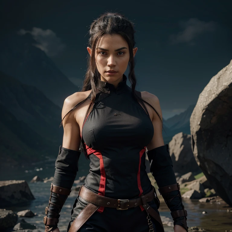 Detailed character artwork of a strong and angular female half-elf. She is tall and fit, dressed in a black and red monkish combat suit. Her hair is long and black, tied back with a tight ribbon. She has brown eyes and keeps a stoic face, similarly to a ninja. The background is a simple landscape, and the artwork shows the character from head to toe.