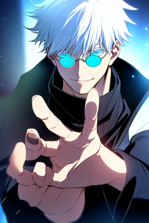 ((high detail、Cinematic blonde hair、Aquamarine Eyes、white eyelashes、God Light、Ray Tracing、shading、optical 、Upper torso、looking at the camera、Masterpiece、((super detaill、Best Quality、8K))、jujutsu kaisen、Gojo Gojo、black clothing、The Operation Begins、Perfect Black Background、serene look、Formidable Presence、Mysterious atmosphere、(Strange Moonshine、ominous shadows、 Intense Blue Aura、 Rich red glow、Symbolizes power around oneself、radiating magical energy、Mystical Artifacts、Ether-like granules、Dynamic poses、Epic Soundtrack、(((Detailed arm)))、eyeglasses