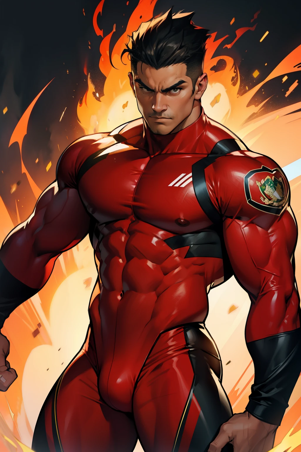 a muscular mexican hero with red fire spandex suit