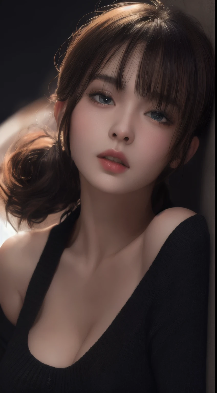 ultra high res, masterpiece, best quality, perfect glossy shiny skins, perfect lighting, detailed lighting, dramatic shadows, ray tracing, black sweater, looking at viewer, off shoulder, Big breasts, Exposed cleavage, blue Eyes, sharp face, sharp eyes, long bangs, pony tail, nsfw, ((Dark background)), open mouse,