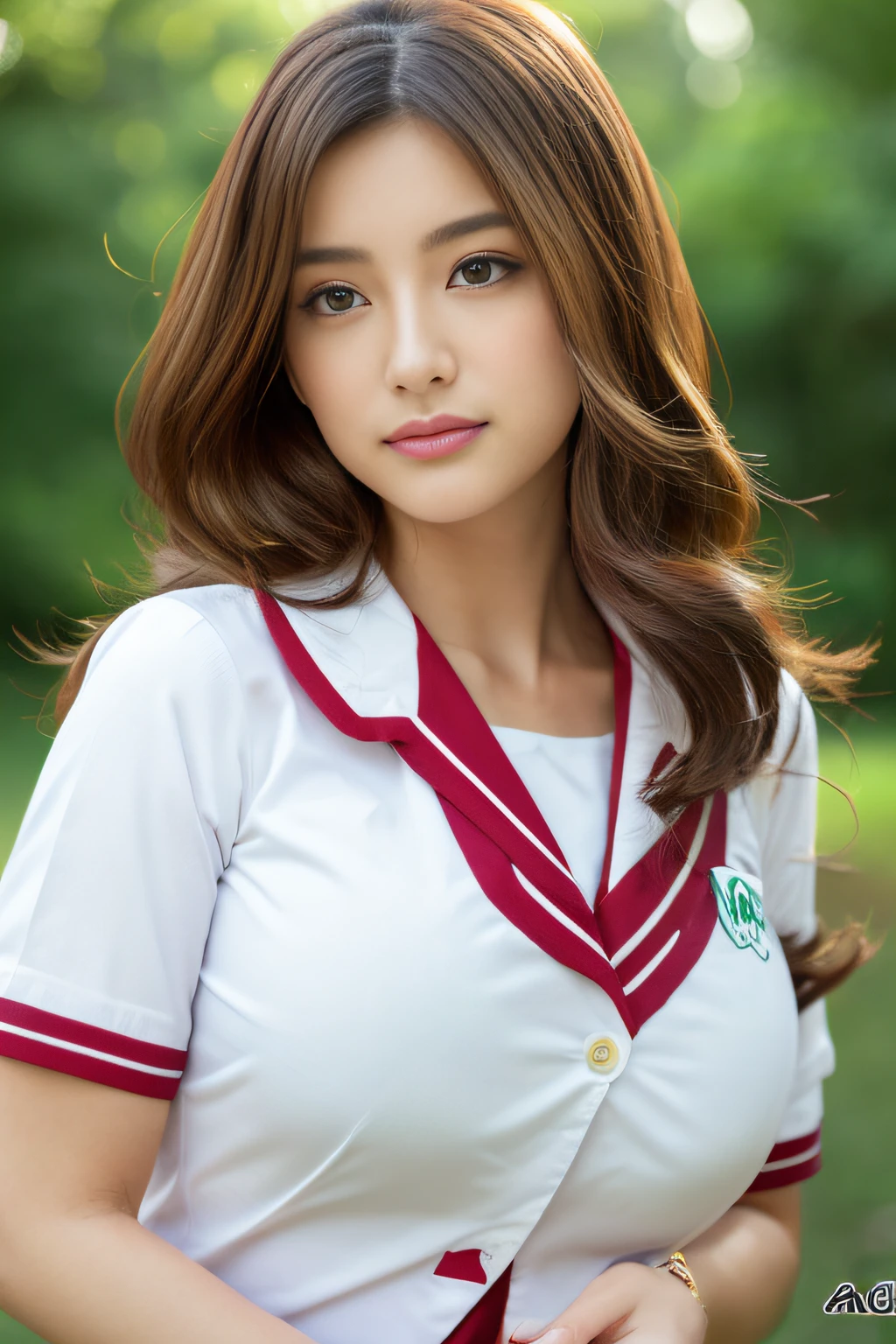 (top-quality、8K、32K、​masterpiece、nffsw:1.3)、(Attractive Japanese Woman Pictures)、1 girl in、(ultra gigantic tits:1.2)、(short wavy hair)、abdominals、perfect bodies、hyperdetailed face、Eye-like detailed lips、二重まぶた、Japanese student uniform、on the beds、(魅惑的)、((agitation:1.5))、((areolae slip))