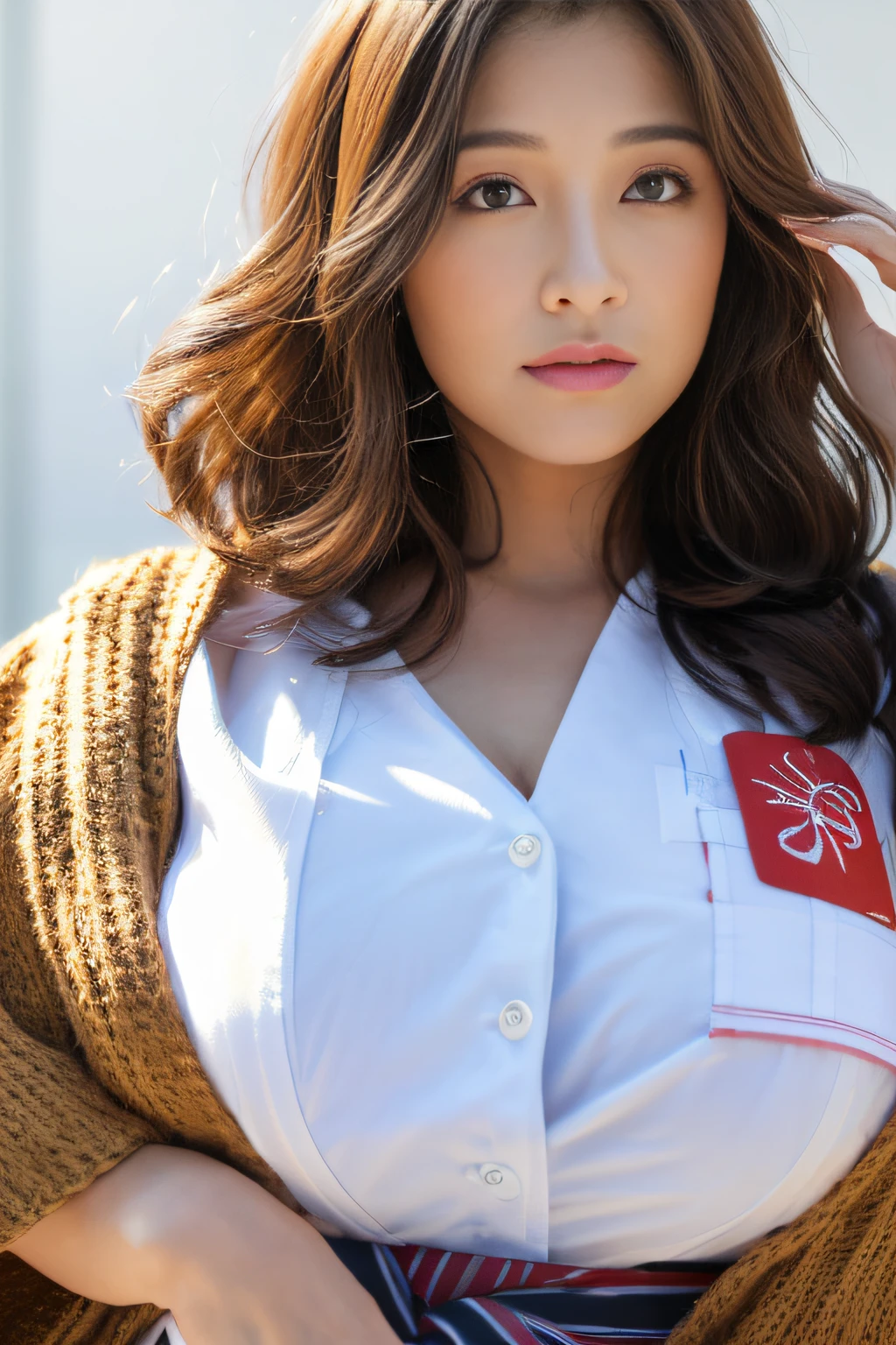 (top-quality、8K、32K、masterpiece、nffsw:1.3)、(Attractive Japanese Woman Pictures)、1 girl in、(ultra gigantic tits:1.2)、(short wavy hair)、abdominals、perfect bodies、hyperdetailed face、Eye-like detailed lips、二重まぶた、Japanese student uniform、on the beds、(魅惑的)、((agitation:1.5))、((areolae slip))