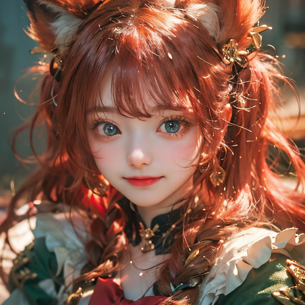 (masterpiece), 8k cg, stunningly beautiful girl, intricate details, chromatic aberration, ((bust shot)), ((looking at viewer)), 1girl, fire fox in sailor moon outfit, (long messy hair, (scarlet red hair) blunt bangs, ahoge, twin tails), (red fox ears), (emerald green eyes, sparkly green eyes, extremely detailed eyes), extremely beautiful and delicate portrait, , cute face, wide smile, joyful, soft cheeks, blush, makeup, absurdres, cinematic lighting, dynamic lighting, fantasy, ((dark background, fog))