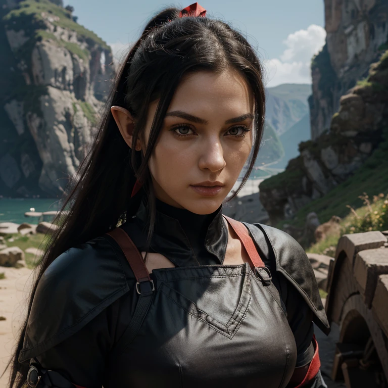 Detailed character artwork of a strong and angular female half-elf. She  tall and fit, dressed in a black and red monkish combat suit. Her hair  long and black, tied back with a tight ribbon. She has brown eyes and keeps a stoic face, similarly to a ninja. The background  a  landscape, and the artwork shows the character from head to toe. Her features are slavic.