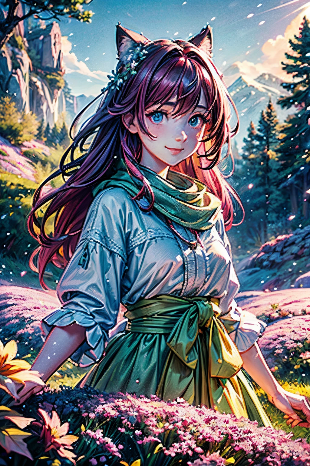 Prompt: masterpiece, best quality, ultra-detailed, 1girl, detailed water, long hair, corkscrew curls, red hair, light grey eyes, (close-up), maple trees, everywhere mistletoe, gorgeous, maple and spruce trees, cherry, cherry tree, smile, view from front, wolf ears, snowy background, science fiction, multiple tails, Tall evergreens stand tall and proud, their branches weighed down by heavy snow, volumetric lighting AND masterpiece, best quality, high quality, extremely detailed CG unity 8k wallpaper A vibrant spring landscape, bursting with new life and color. Rolling hills are covered with a carpet of green, dotted with delicate wildflowers in shades of pink, purple, and yellow, volumetric lighting