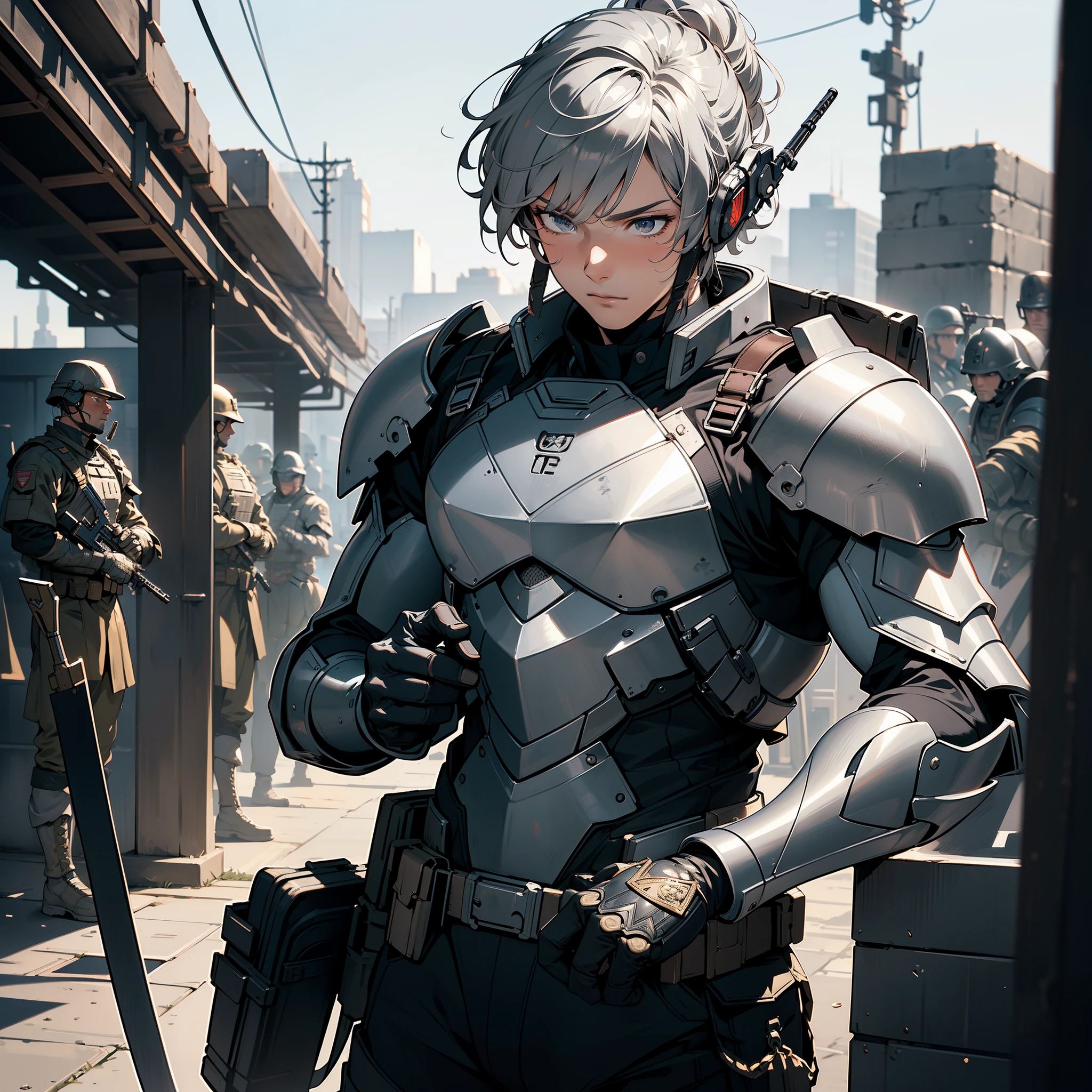 (masterpiece), (ultra-detail), (Best quality), (masterpiece), (ultra-detailed), ((1male)), solo focus, armored, holding_a_rifle, battle_field, soldier, physically fit, veteran soldier, silver armor
