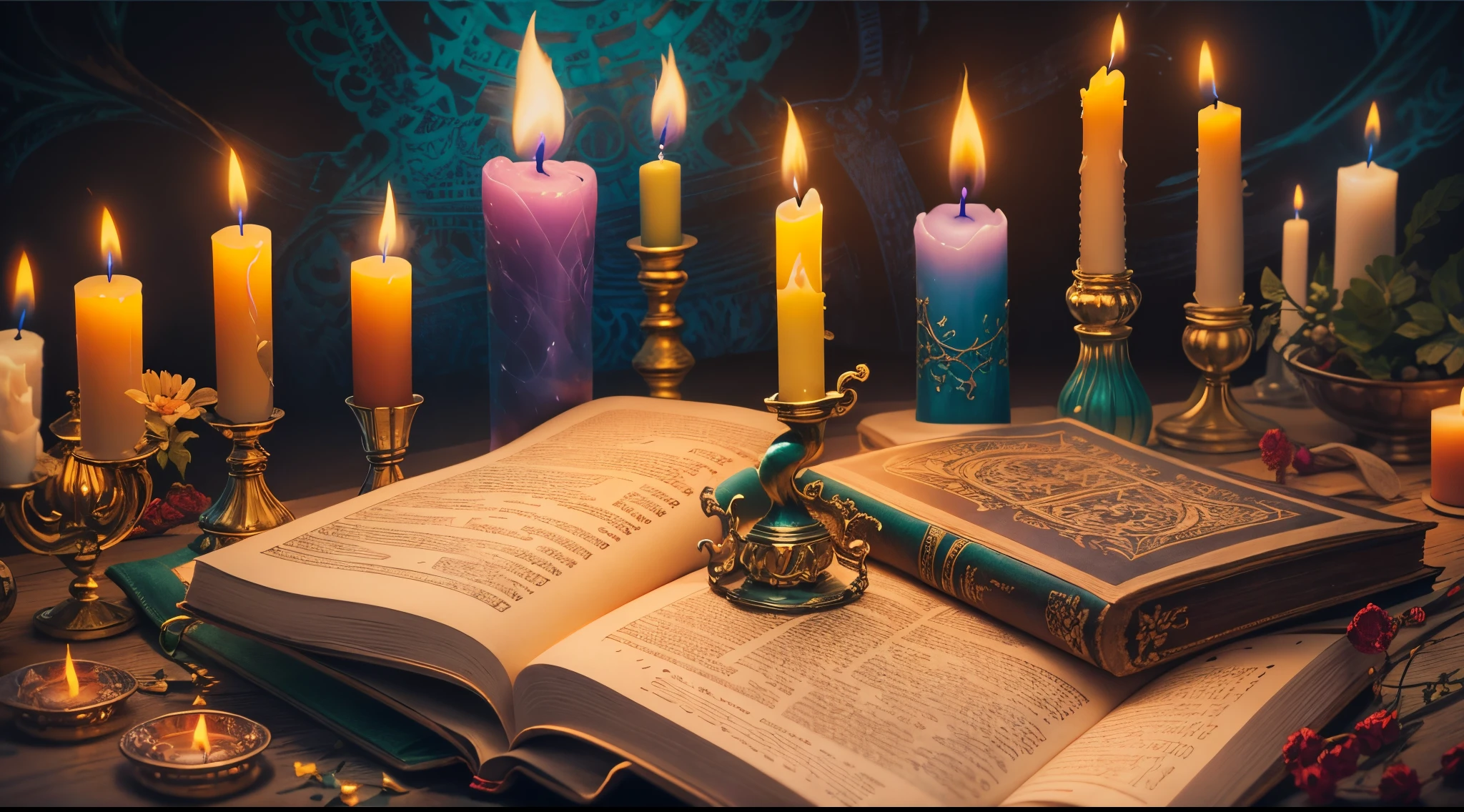 Candles are lit on a table with a book and purple candles, spell casting, open magic book glowing, black magic spells, spell book, spell casting wizard, casting a protection spell, holy flame spell, Reading an evil demonic book, casting a flame spell, Home Wicca Scene, spells magic, magias, Iluminado com velas, magic symbols, magic book