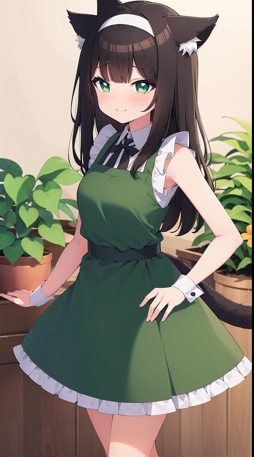 1girl, animal ear fluff, animal ears, bangs, black hairband, blonde hair, blurry, blurry background, depth of field, dress, flower, flower pot, frilled dress, frills, green dress, green eyes, hairband, sleeveless, sleeveless dress, smile, solo, tail, wrist cuffs