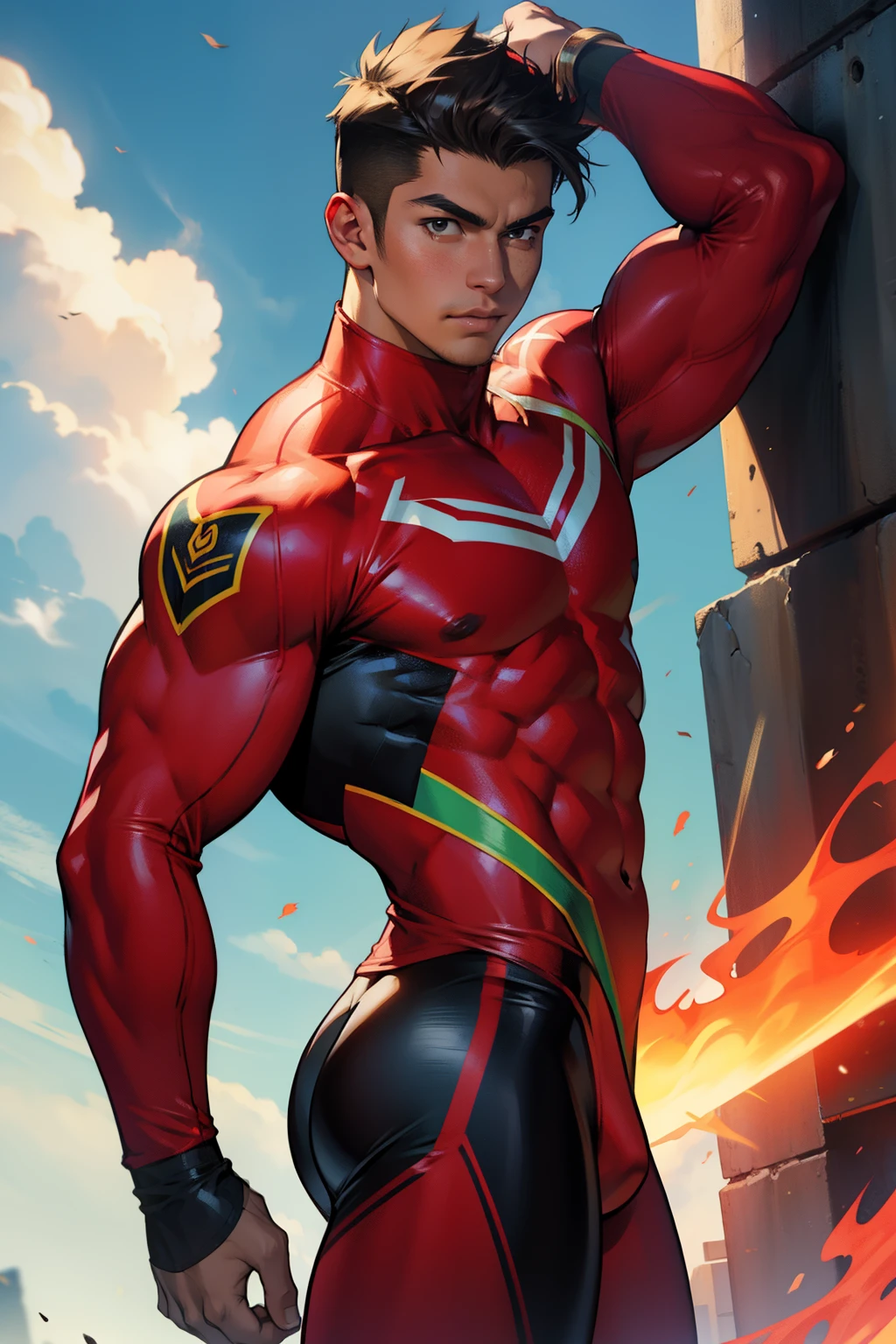 a (younscular mexican hero with red fire spandex suit