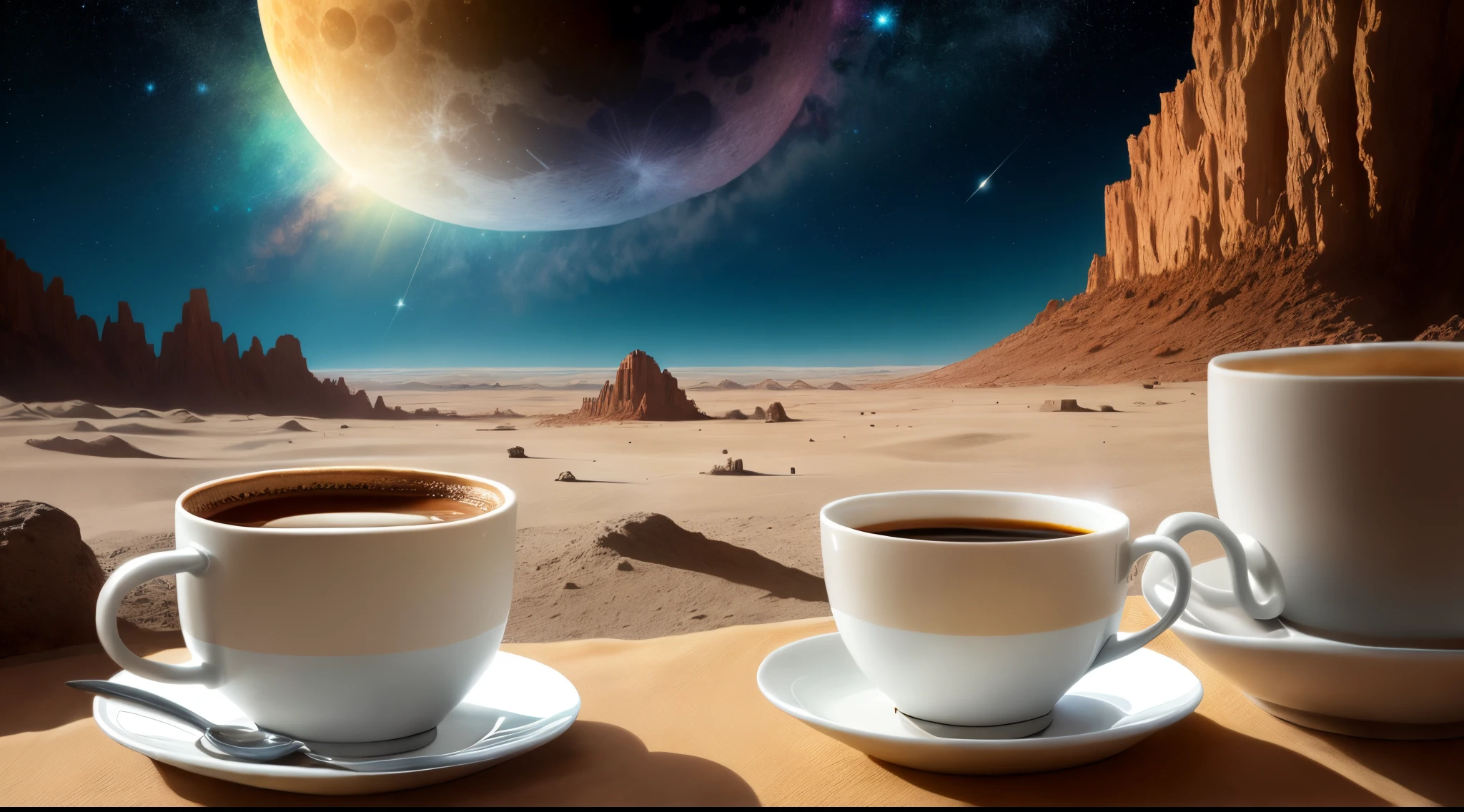 deslumbrante vista , on the surface of the moon, olhando para a terra, constellations in the background, brilho das estrelas, light surface, mesa, guarda sol, morning coffee, carro lunar, sureal