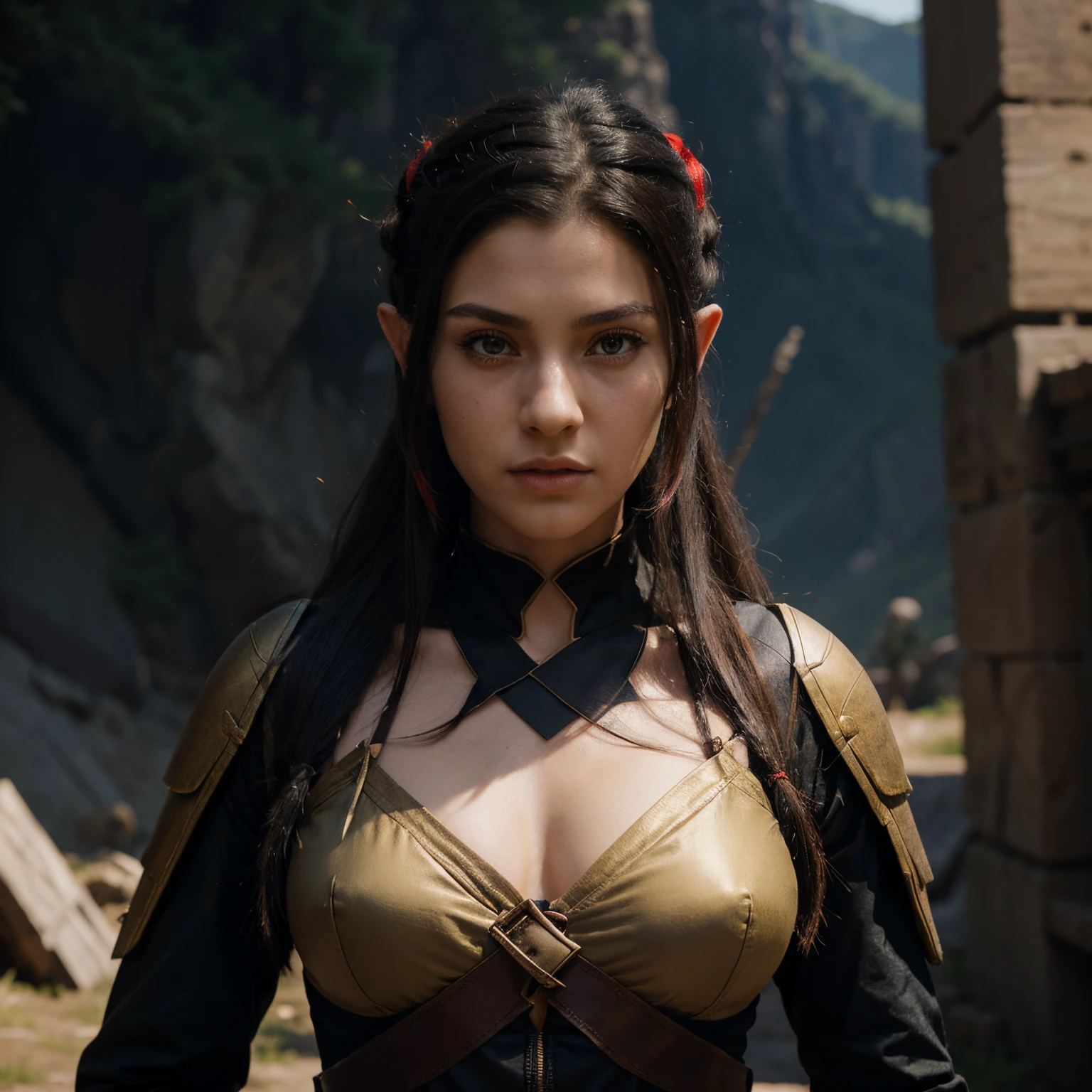 Detailed character artwork of a strong and angular female half-elf. She tall and fit, dressed in a black and red monkish combat suit. Her hair long and black, tied back with a tight ribbon. She has brown eyes and keeps a stoic face, similarly to a ninja. The background a landscape, and the artwork shows her from head to toe. Her features are slavic.