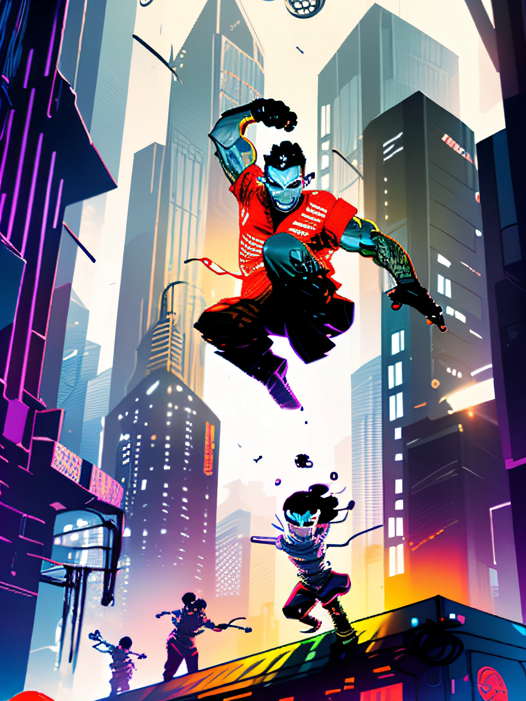 A futuristic parkour master, performing flips and stunts in a city skyline rooftops. The city in the background bustling with automated traffic, creating a vibrant and dynamic atmosphere. The surroundings are illuminated with vibrant fluorescent lights, adding a futuristic touch to the scene. The parkour master's movements are fluid and precise, showcasing their mastery of the art form. The focus on capturing the energy and agility of the parkour master, with each flip and jump perfectly executed. The city skyline serves as a dramatic backdrop, heightening the sense of adventure and excitement. The overall image quality should be at its best, with ultra-detailed rendering and a realistic, photorealistic style. The colors should be vivid, enhancing the futuristic aesthetic of the scene. The lighting should be dynamic, with bright lights illuminating the parkour master and the cityscape, creating a stunning visual impact.