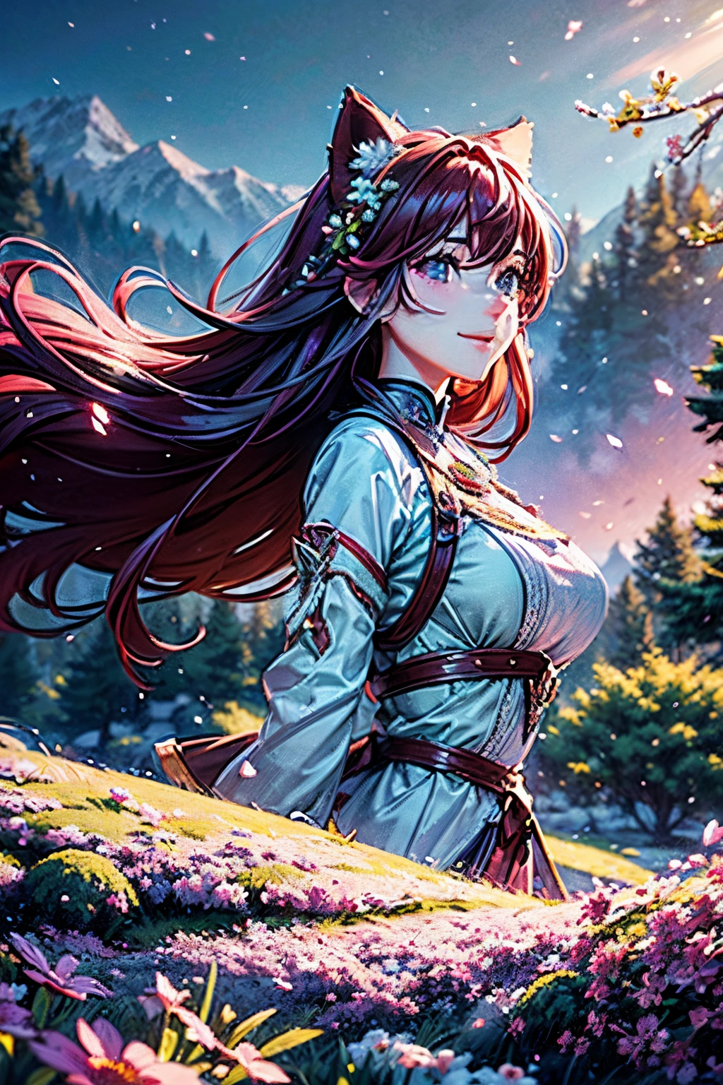 Prompt: masterpiece, best quality, ultra-detailed, 1girl, detailed water, long hair, corkscrew curls, red hair, light grey eyes, (close-up), maple trees, everywhere mistletoe, gorgeous, maple and spruce trees, cherry, cherry tree, smile, view from front, wolf ears, snowy background, science fiction, multiple tails, Tall evergreens stand tall and proud, their branches weighed down by heavy snow, volumetric lighting AND masterpiece, best quality, high quality, extremely detailed CG unity 8k wallpaper A vibrant spring landscape, bursting with new life and color. Rolling hills are covered with a carpet of green, dotted with delicate wildflowers in shades of pink, purple, and yellow, volumetric lighting