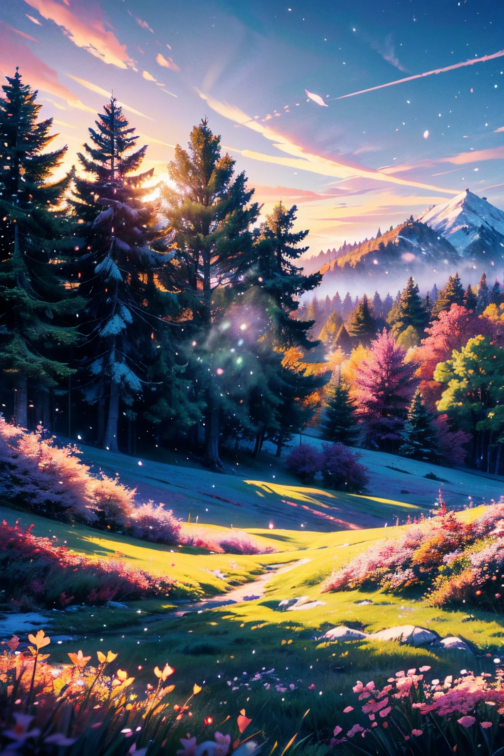 Prompt: masterpiece, best quality, ultra-detailed, 1girl, detailed water, long hair, corkscrew curls, red hair, light grey eyes, (close-up), maple trees, everywhere mistletoe, gorgeous, maple and spruce trees, cherry, cherry tree, smile, view from front, wolf ears, snowy background, science fiction, multiple tails, Tall evergreens stand tall and proud, their branches weighed down by heavy snow, volumetric lighting AND masterpiece, best quality, high quality, extremely detailed CG unity 8k wallpaper A vibrant spring landscape, bursting with new life and color. Rolling hills are covered with a carpet of green, dotted with delicate wildflowers in shades of pink, purple, and yellow, volumetric lighting