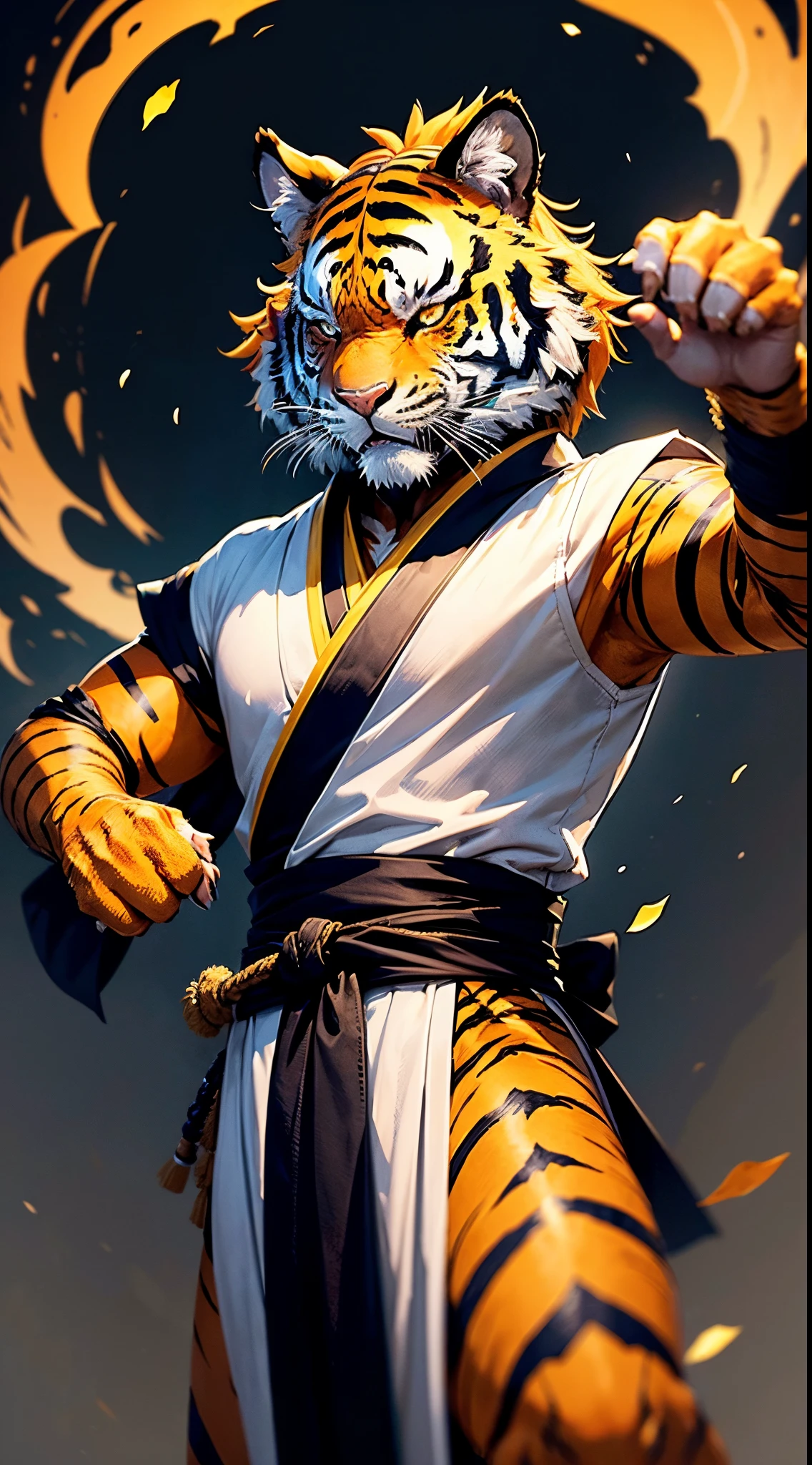 (master part, melhor qualidade: 1.2), ultra detalhado, Maior detalhe, (colorido: 1.2), a bipedal tiger-headed creature wearing a white kimono with long sleeves and a black sash, in epic combat pose, com garras de tigre, fierce expression