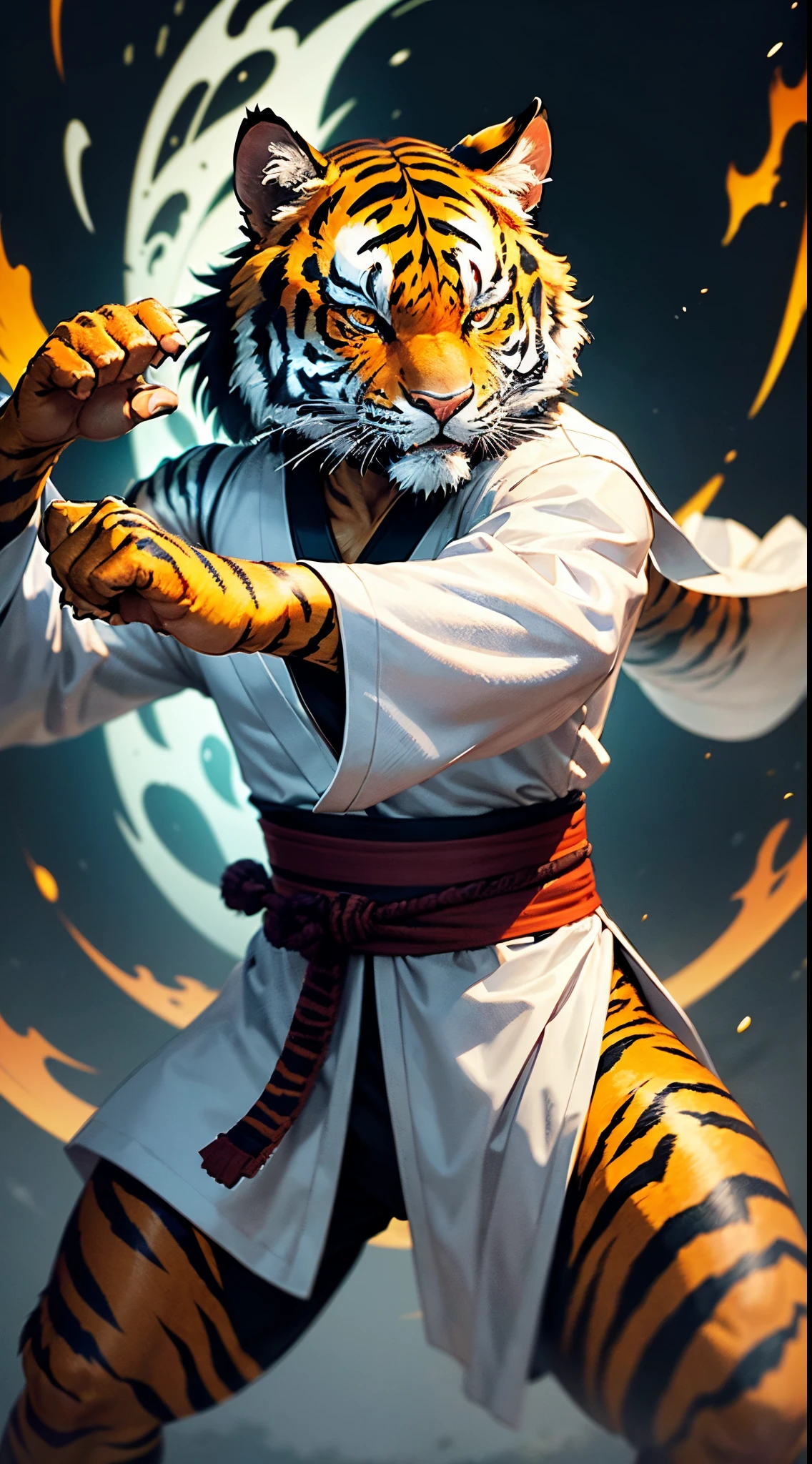 (master part, melhor qualidade: 1.2), ultra detalhado, Maior detalhe, (colorido: 1.2), a bipedal tiger-headed creature wearing a white kimono with long sleeves and a black sash, in epic combat pose, com garras de tigre, fierce expression