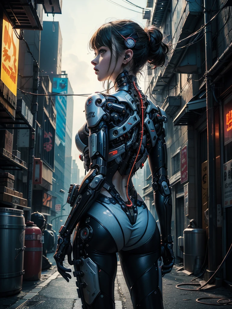 ((1 cybernetic girl)) (mechanical made limbs s:1.2),((mechanical limb)),((mechanical vertebra attaching to back),((mechanical cervical attaching to neck)),expressionless,(wires and cables attaching to neck:1.2),(wires and cables on head:1.2),(character focus), ((cowboy shot)), (masterpiece), (((best quality))), ((ultra-detailed)), (highly detailed CG illustration), ((extremely delicate and beautiful)),cinematic ,science fiction,extreme detailed,colorful,highest detailed, loongs,fengs, cyberpunk city background.