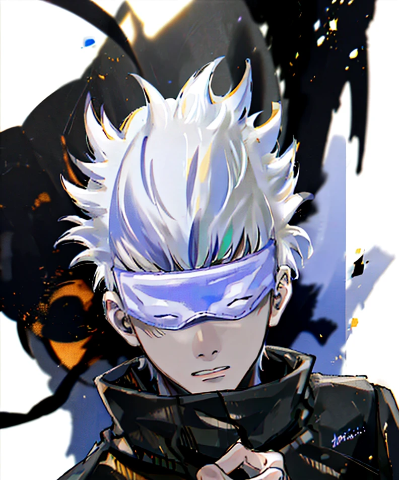 (absurdress, hight resolution, Ultra Detailed, HDR), Masterpiece, Best Quality, 1male, 独奏, Beautiful, Short hair, white colored hair, black blindfolded, black jacket, Gojo, galaxy background