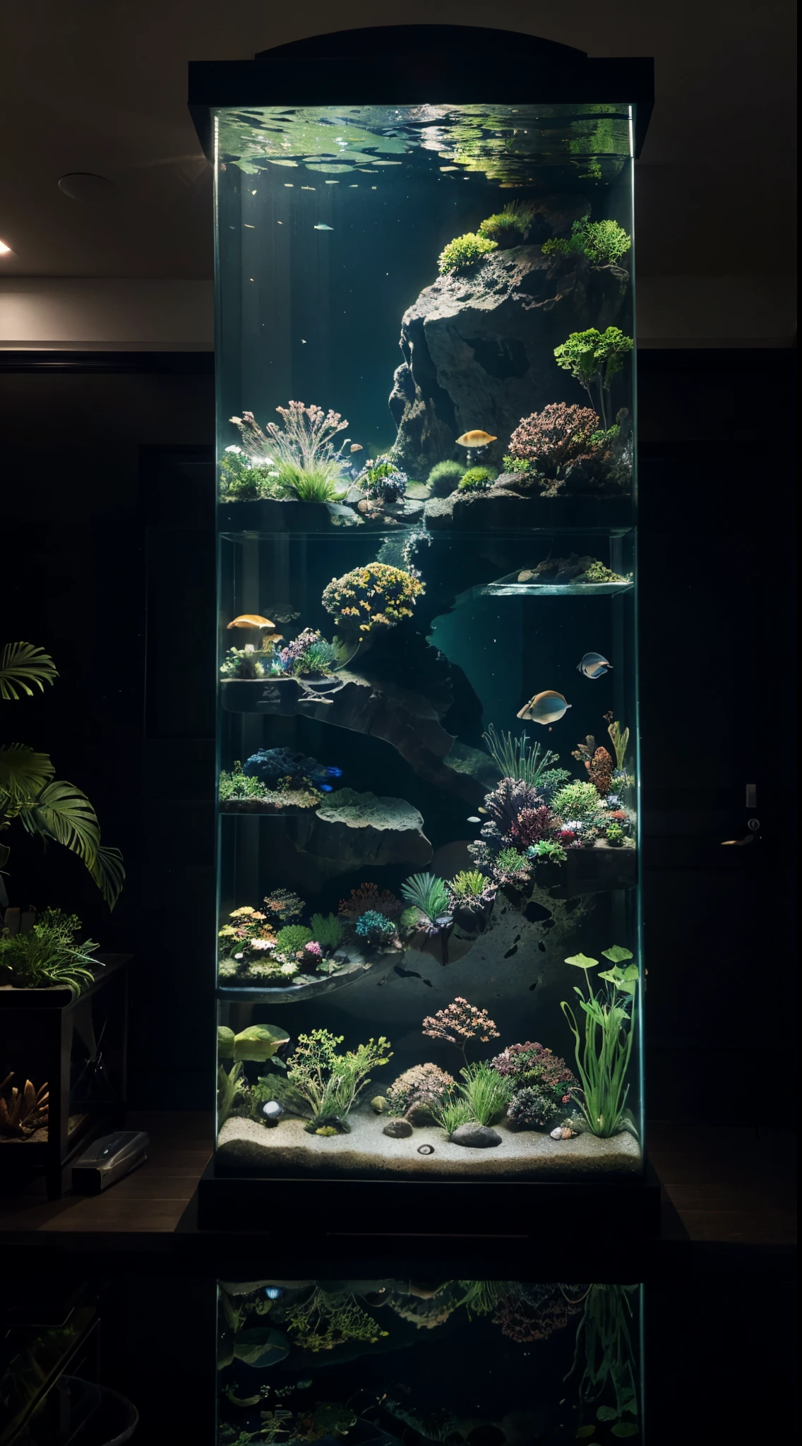 vertical rectangular aquarium, featuring precise dimensions and showcasing a vibrant array of aquatic plants and marine life in diverse colors and textures. The internal lighting within the aquarium creates an intriguing contrast with the dark background, resulting in subtle reflections and highlighting the intricate details of the marine flora in a visually captivating display