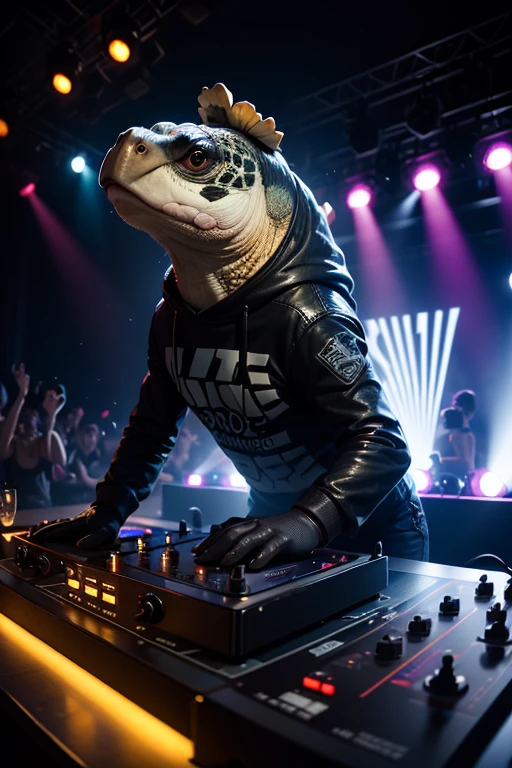 an anthro Turtle DJ, on stage with turntables, crowd, Lazer lights, club at night, high definition, high quality image