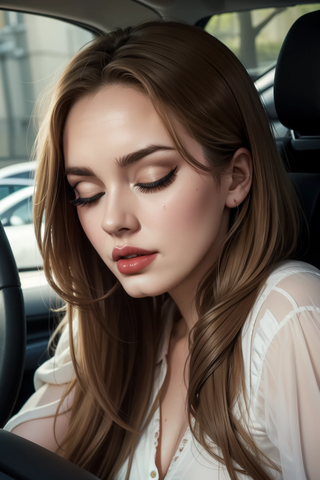 1 beautiful, realistic woman, big eyelashes, painted lips, drooling, asleep, exhausted, tired, sweating, asleep with her mouth open, snoring, asleep lying in the back seat of the car, head resting on the seat, eyes closed, painted eyelids , Face made up, beautiful body, dressed as a secretary; lipstick, sexy heels, full body, looks like singer Adele.