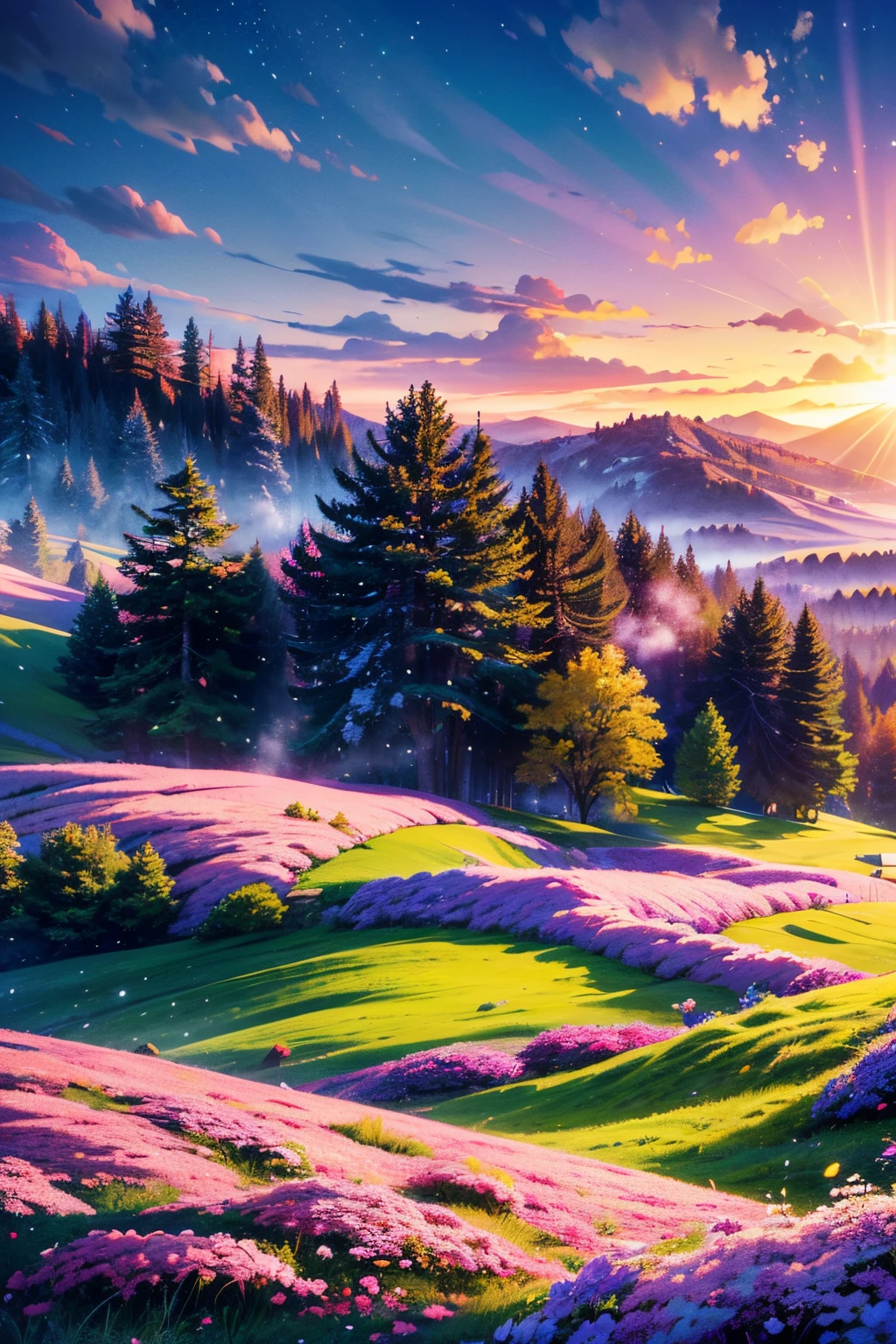 Prompt: masterpiece, best quality, ultra-detailed, 1girl, detailed water, long hair, corkscrew curls, red hair, light grey eyes, (close-up), maple trees, everywhere mistletoe, gorgeous, maple and spruce trees, cherry, cherry tree, smile, view from front, wolf ears, snowy background, science fiction, multiple tails, Tall evergreens stand tall and proud, their branches weighed down by heavy snow, volumetric lighting AND masterpiece, best quality, high quality, extremely detailed CG unity 8k wallpaper A vibrant spring landscape, bursting with new life and color. Rolling hills are covered with a carpet of green, dotted with delicate wildflowers in shades of pink, purple, and yellow, volumetric lighting