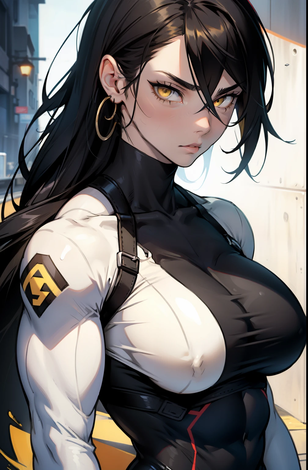 (((muscular girl))) black hair yellow eyes pale skin huge breasts skintight sad