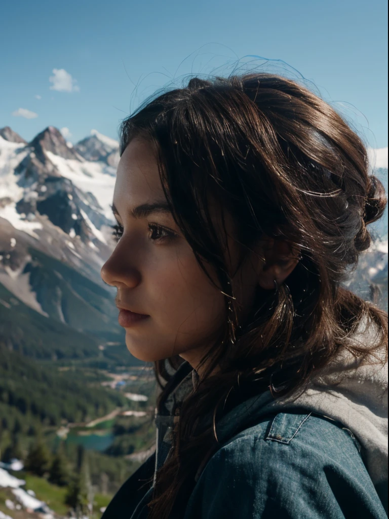 1 girl looking into the mountains, photorealistic, highly detailed, 8k