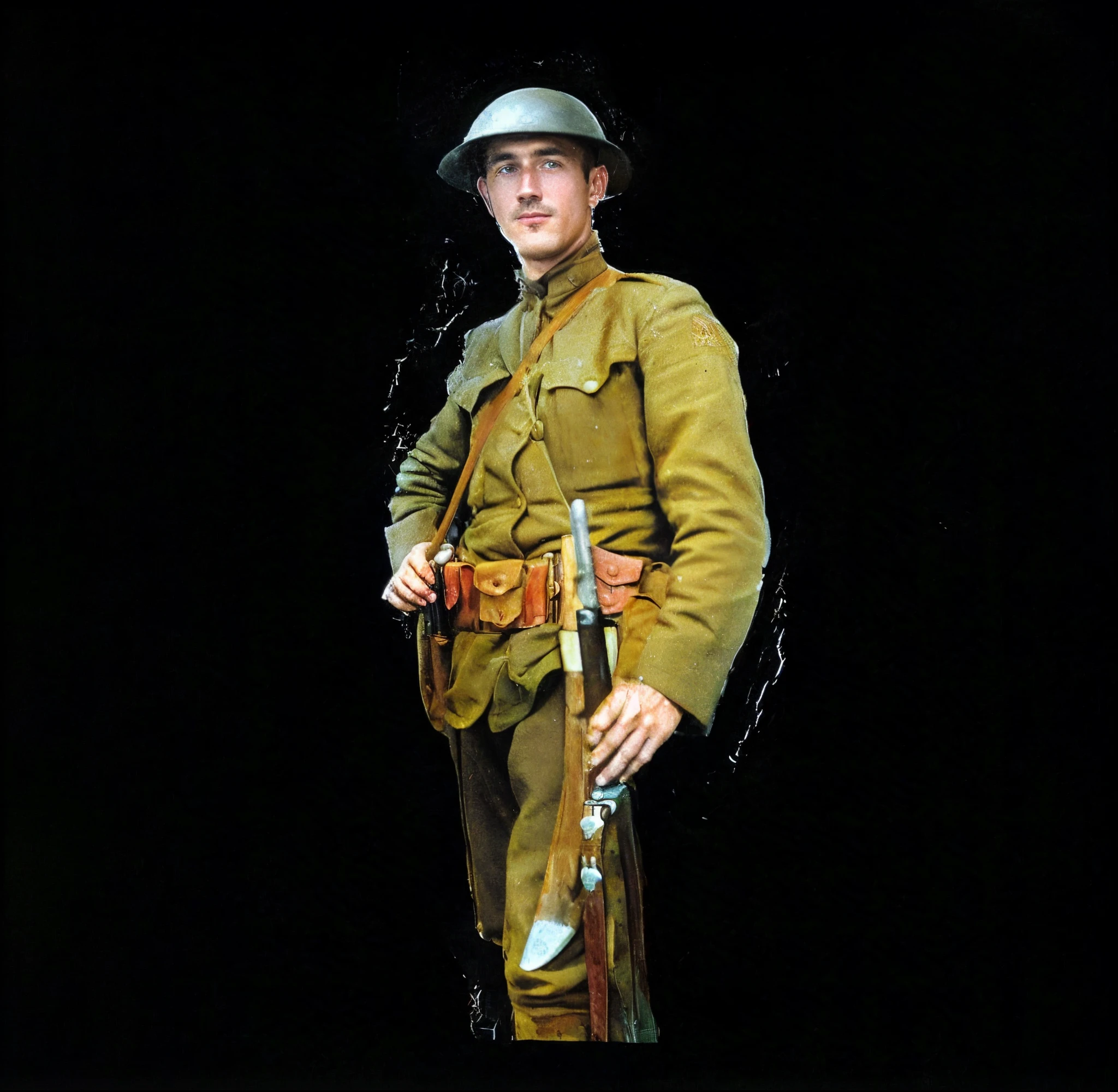 there  a man in a uniform standing with a rifle, soldier, portrait of a soldier, 1 8 0 0 s soldier, ww1, ww 1, full uniform, mario as a world war i soldier, full - body portrait of a ranger, ww1 film photo, in a soldier uniform, wearing russian ww 1 clothes, infantry, colourized